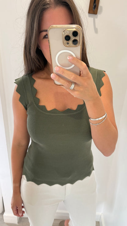 KHAKI SCALLOP VEST TOP