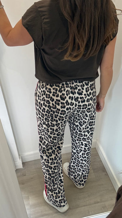 LEOPARD WIDE LEG TROUSERS WITH RED SIDE STRIPE