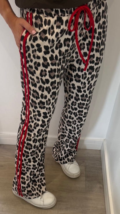 LEOPARD WIDE LEG TROUSERS WITH RED SIDE STRIPE