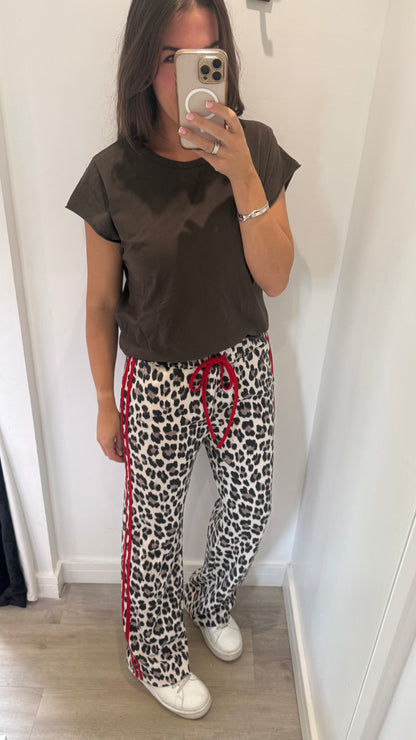 LEOPARD WIDE LEG TROUSERS WITH RED SIDE STRIPE
