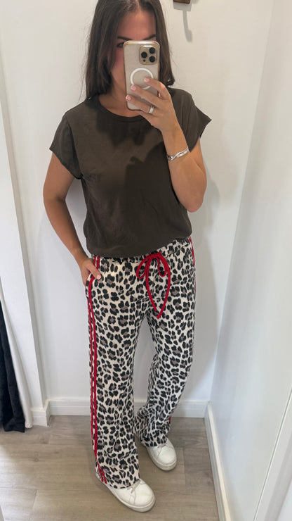 LEOPARD WIDE LEG TROUSERS WITH RED SIDE STRIPE