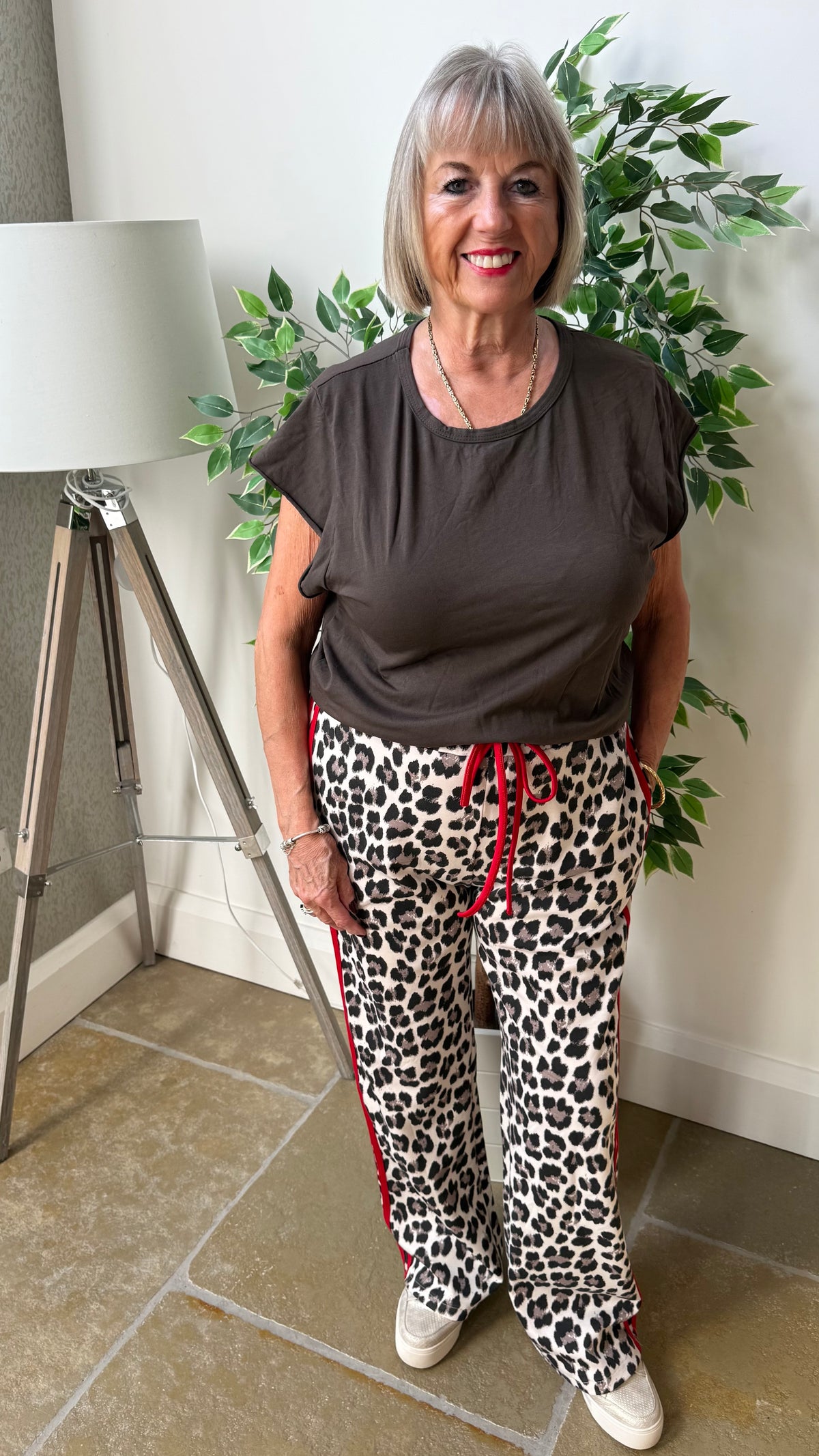 LEOPARD WIDE LEG TROUSERS WITH RED SIDE STRIPE