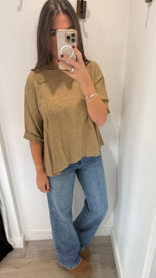 LINEN BUTTON BACK FLOATY TOP – WARM CAMEL