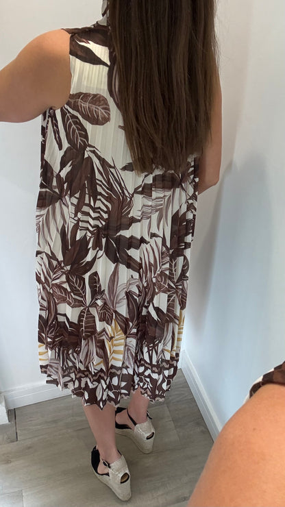 LEAF PRINT PLEATED MIDI DRESS – CREAM/BROWN