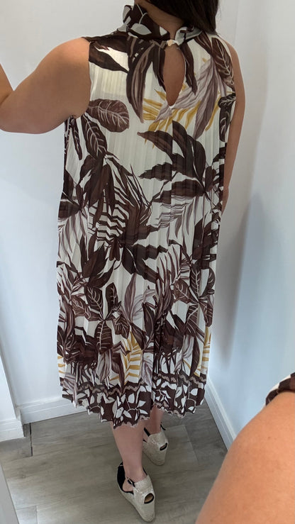 LEAF PRINT PLEATED MIDI DRESS – CREAM/BROWN