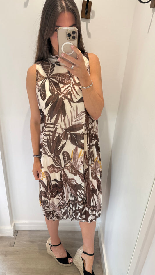 LEAF PRINT PLEATED MIDI DRESS – CREAM/BROWN