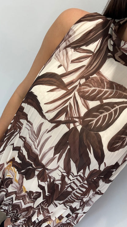 LEAF PRINT PLEATED MIDI DRESS – CREAM/BROWN