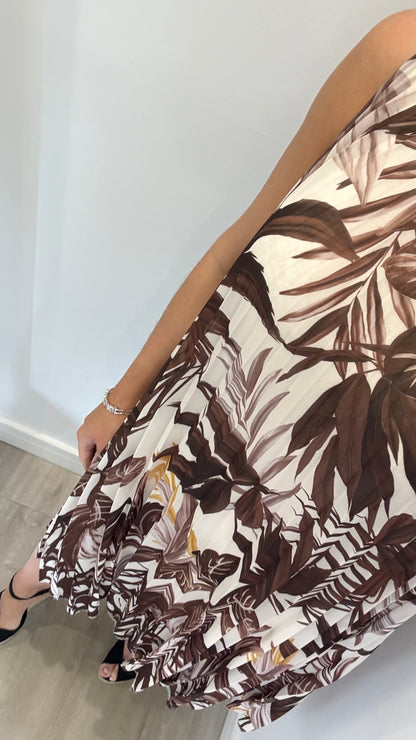 LEAF PRINT PLEATED MIDI DRESS – CREAM/BROWN