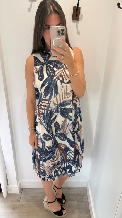 LEAF PRINT PLEATED MIDI DRESS – CREAM/NAVY