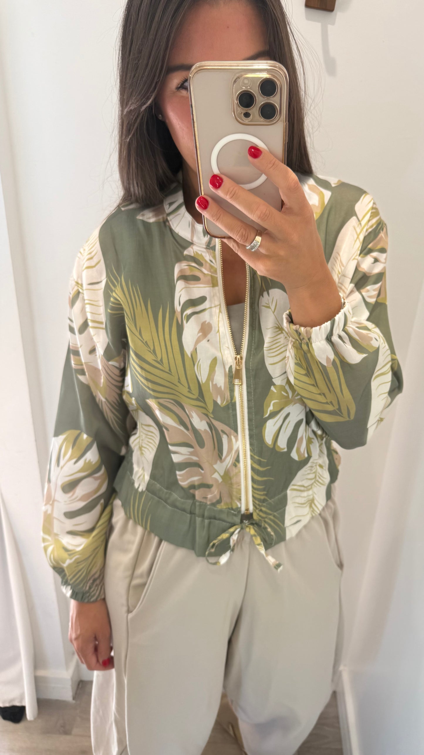 LEAF PRINT SILKY BOMBER JACKET