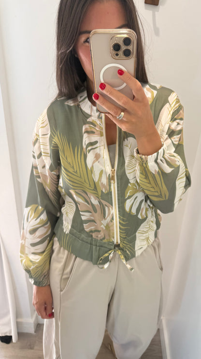 LEAF PRINT SILKY BOMBER JACKET