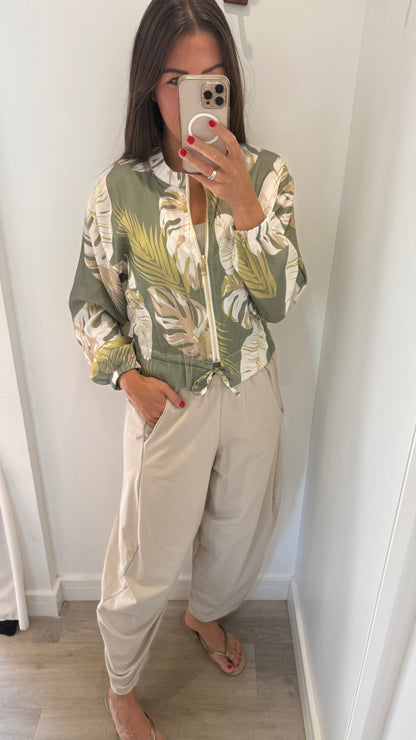 LEAF PRINT SILKY BOMBER JACKET