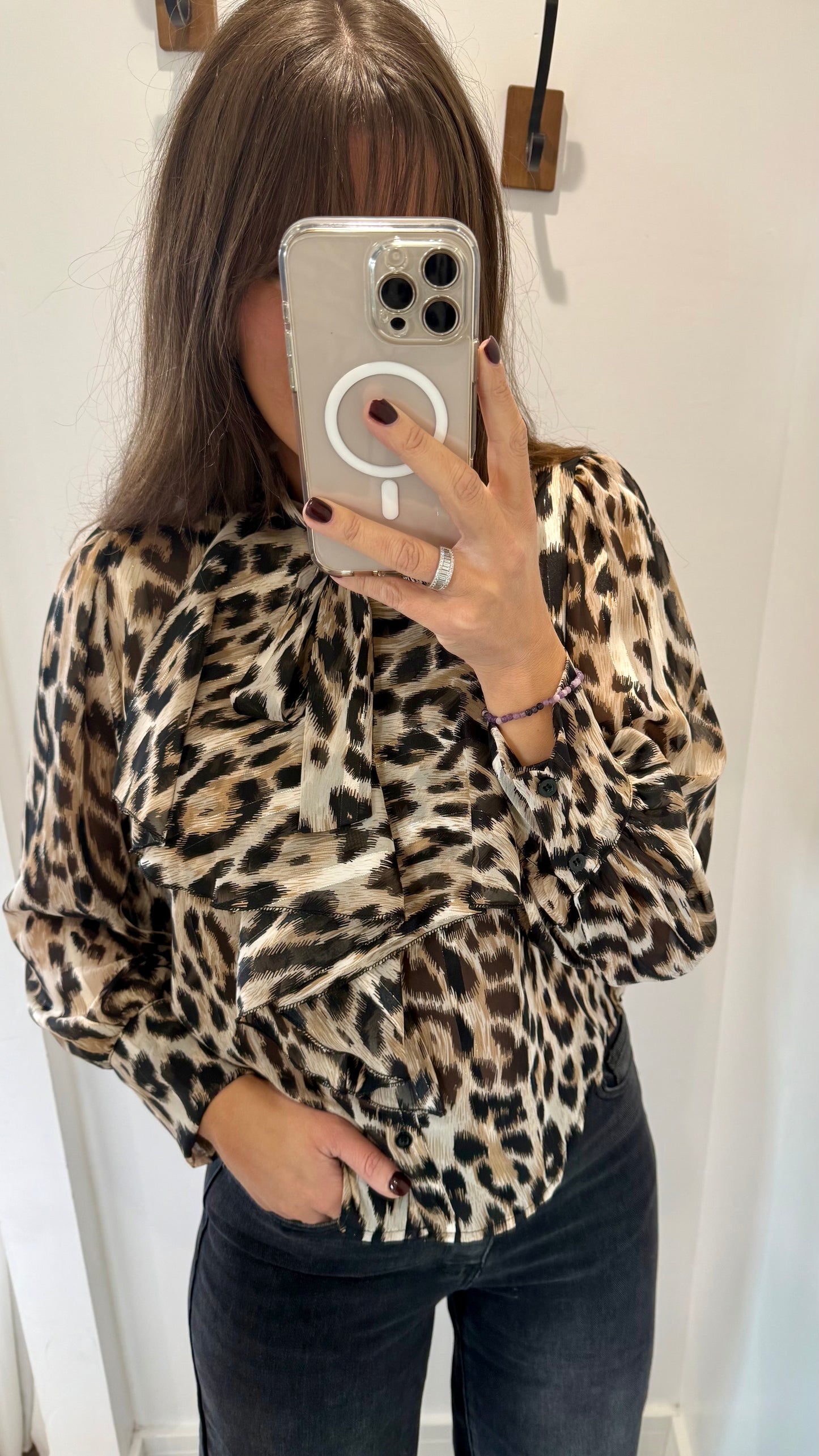 LEOPARD PUSSYBOW BLOUSE WITH SUBTLE LUREX