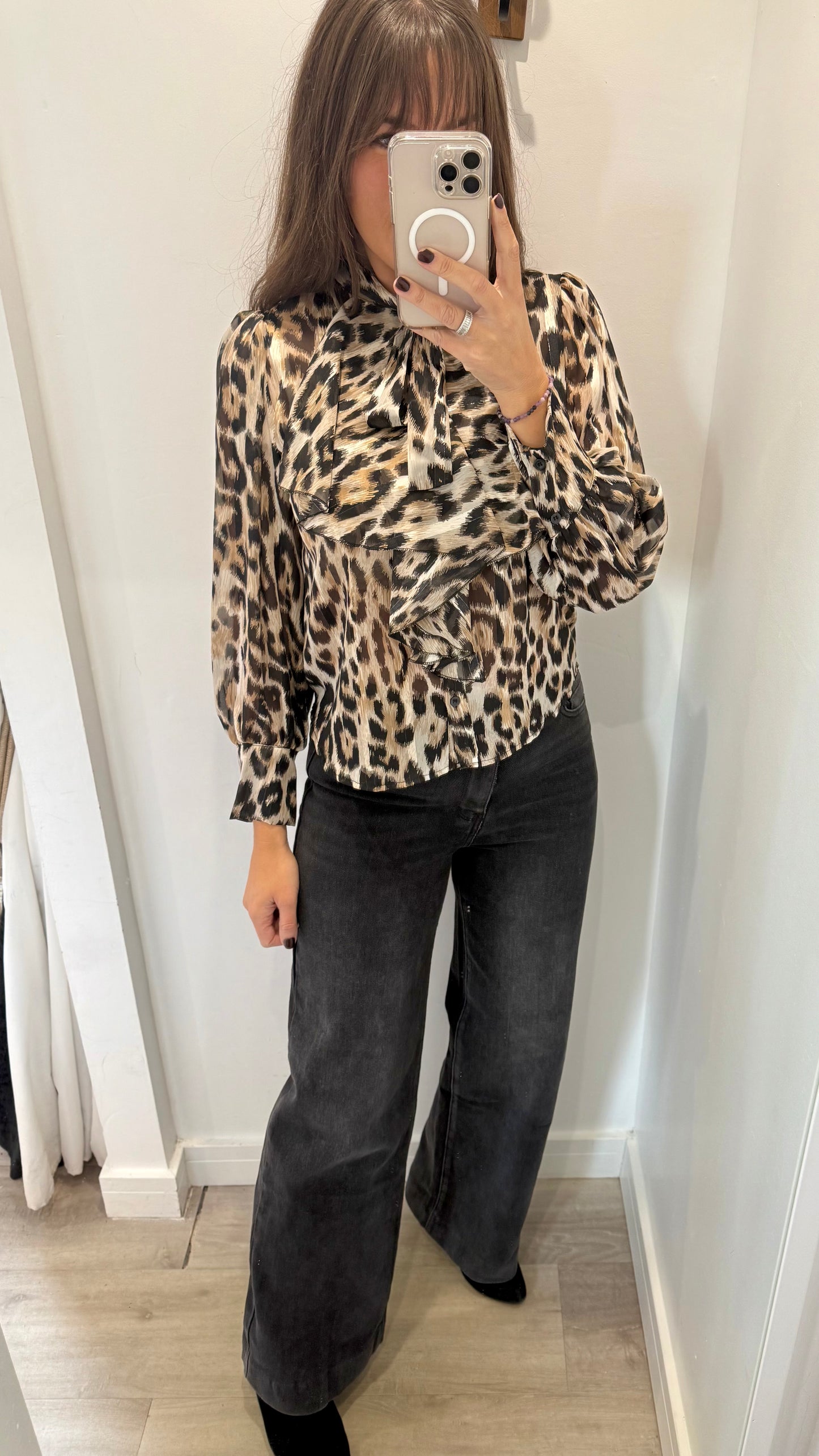 LEOPARD PUSSYBOW BLOUSE WITH SUBTLE LUREX