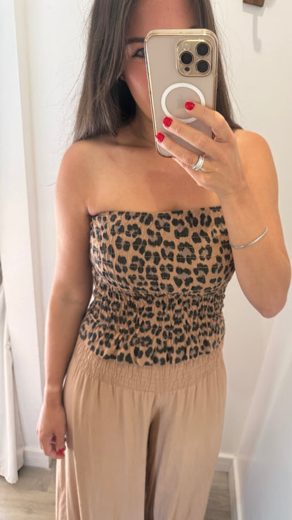 LEOPARD PRINT SHIRRED BOOB TUBE