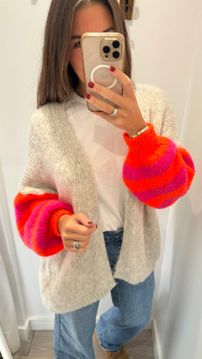MARL GREY NEON STRIPE SLEEVE CHUNKY CARDIGAN