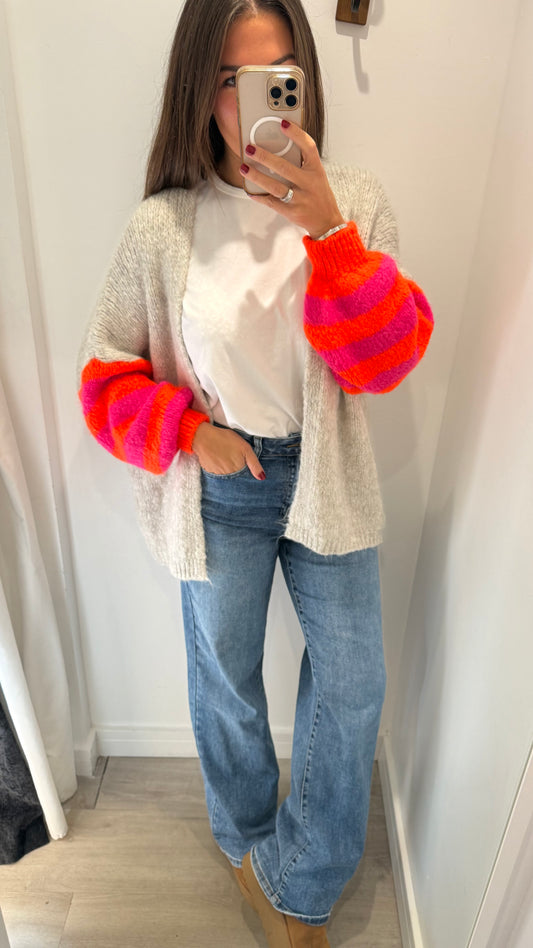 MARL GREY NEON STRIPE SLEEVE CHUNKY CARDIGAN