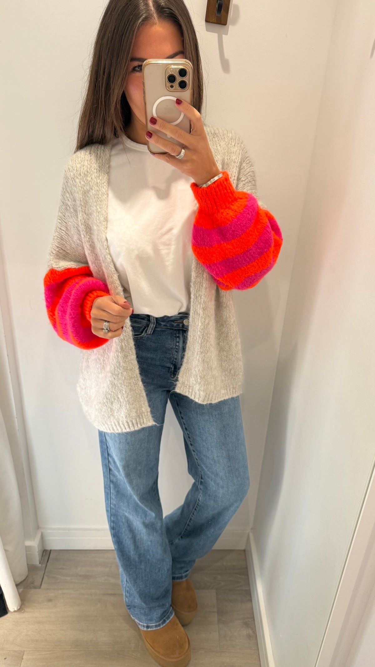 MARL GREY NEON STRIPE SLEEVE CHUNKY CARDIGAN