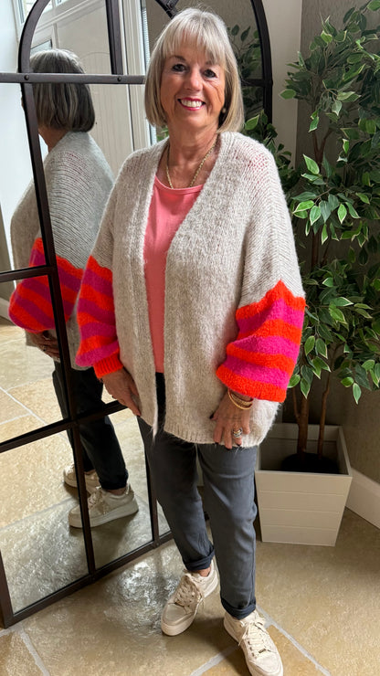 MARL GREY NEON STRIPE SLEEVE CHUNKY CARDIGAN