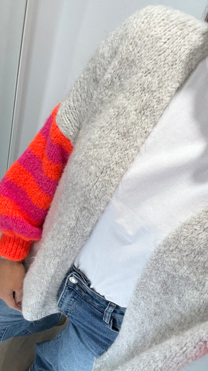 MARL GREY NEON STRIPE SLEEVE CHUNKY CARDIGAN
