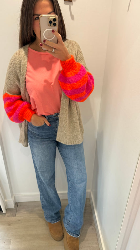 MOCHA CARDIGAN WITH NEON PINK & ORANGE STRIPE SLEEVES