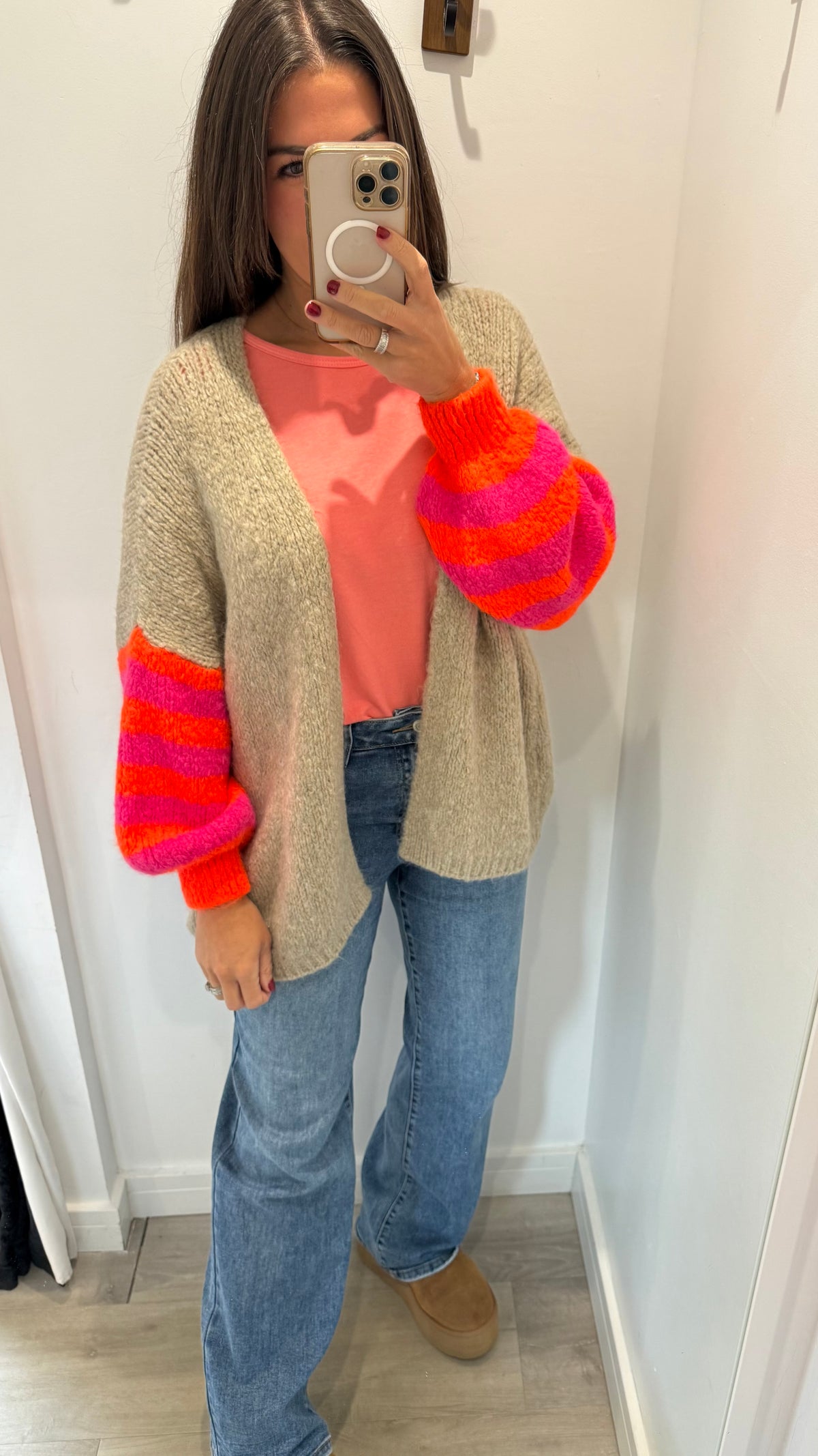 MOCHA CARDIGAN WITH NEON PINK & ORANGE STRIPE SLEEVES