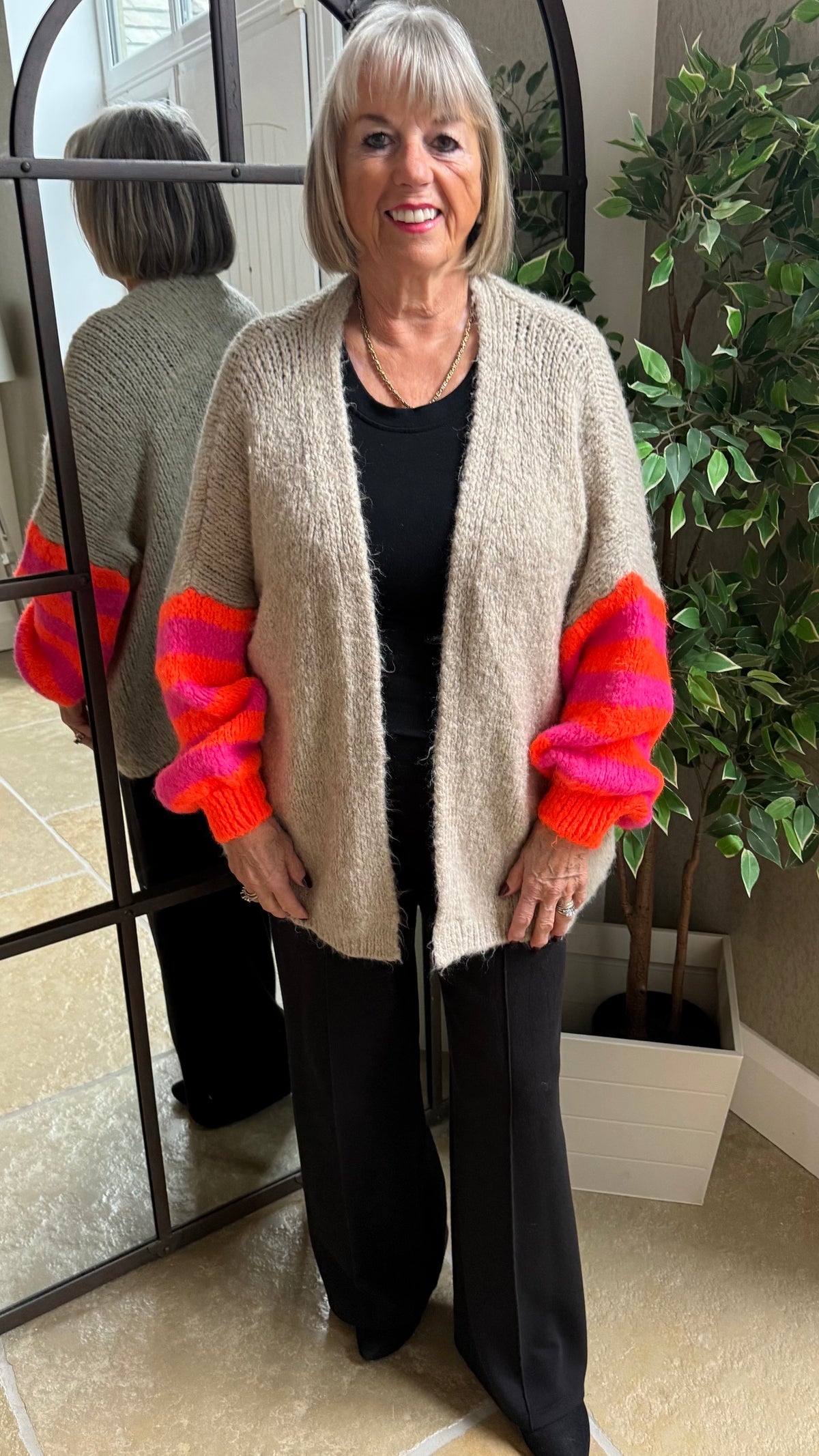 MOCHA CARDIGAN WITH NEON PINK & ORANGE STRIPE SLEEVES