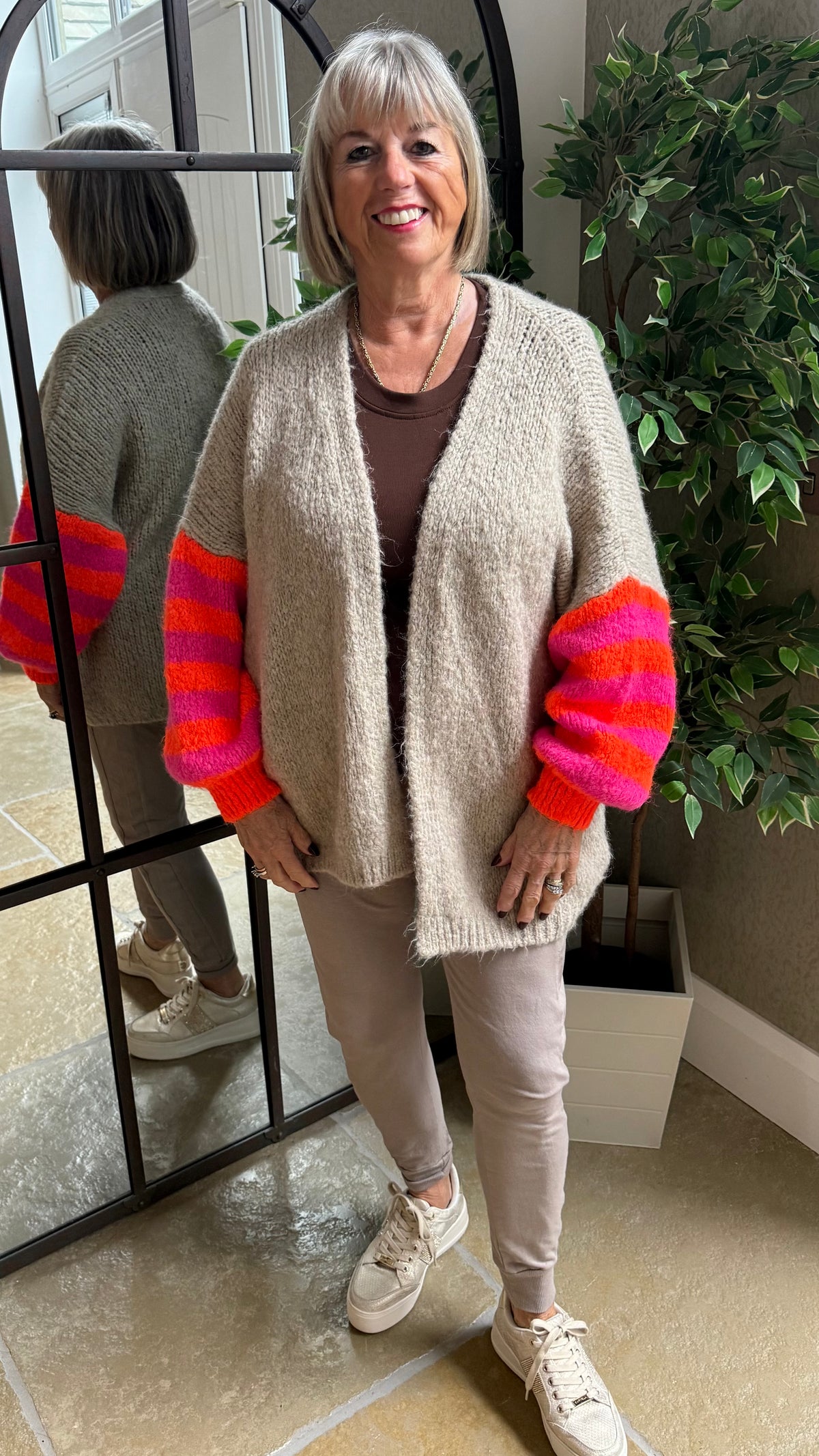 MOCHA CARDIGAN WITH NEON PINK & ORANGE STRIPE SLEEVES