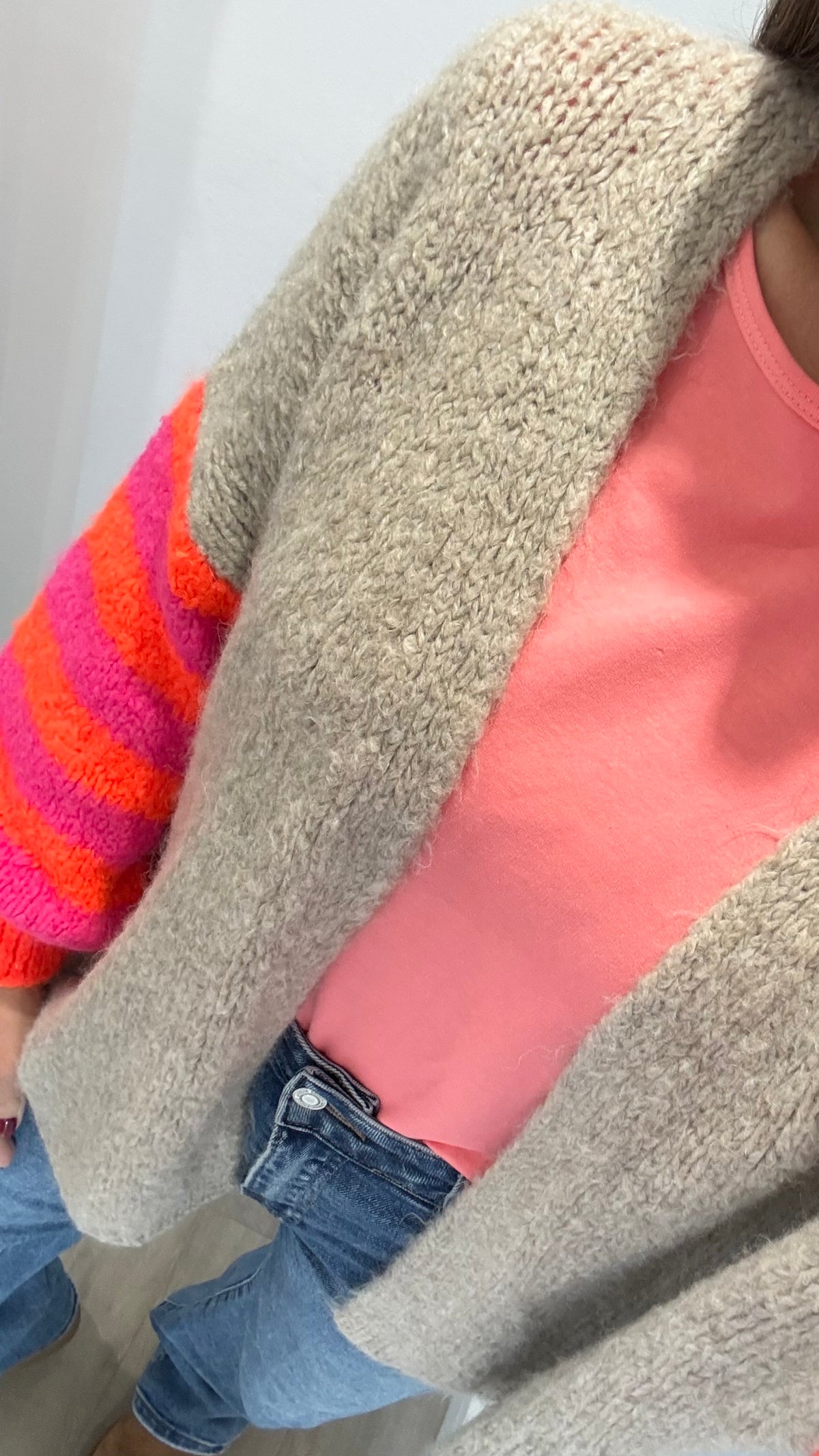 MOCHA CARDIGAN WITH NEON PINK & ORANGE STRIPE SLEEVES