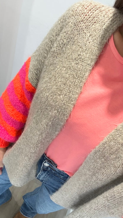 MOCHA CARDIGAN WITH NEON PINK & ORANGE STRIPE SLEEVES