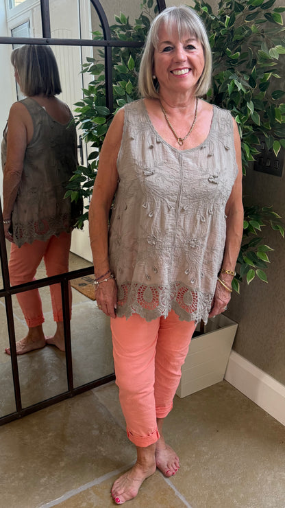 MOCHA CROCHET DETAIL LONG LINE TOP