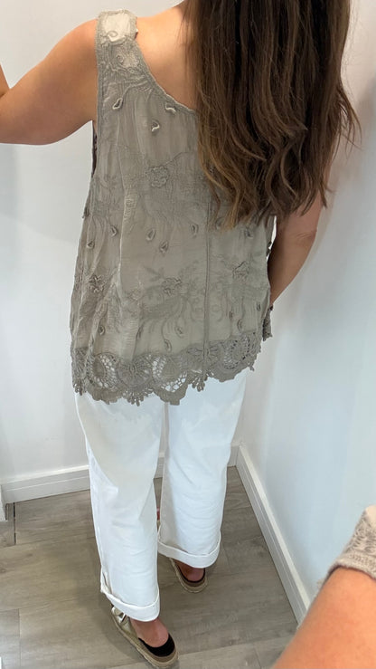 MOCHA CROCHET DETAIL LONG LINE TOP