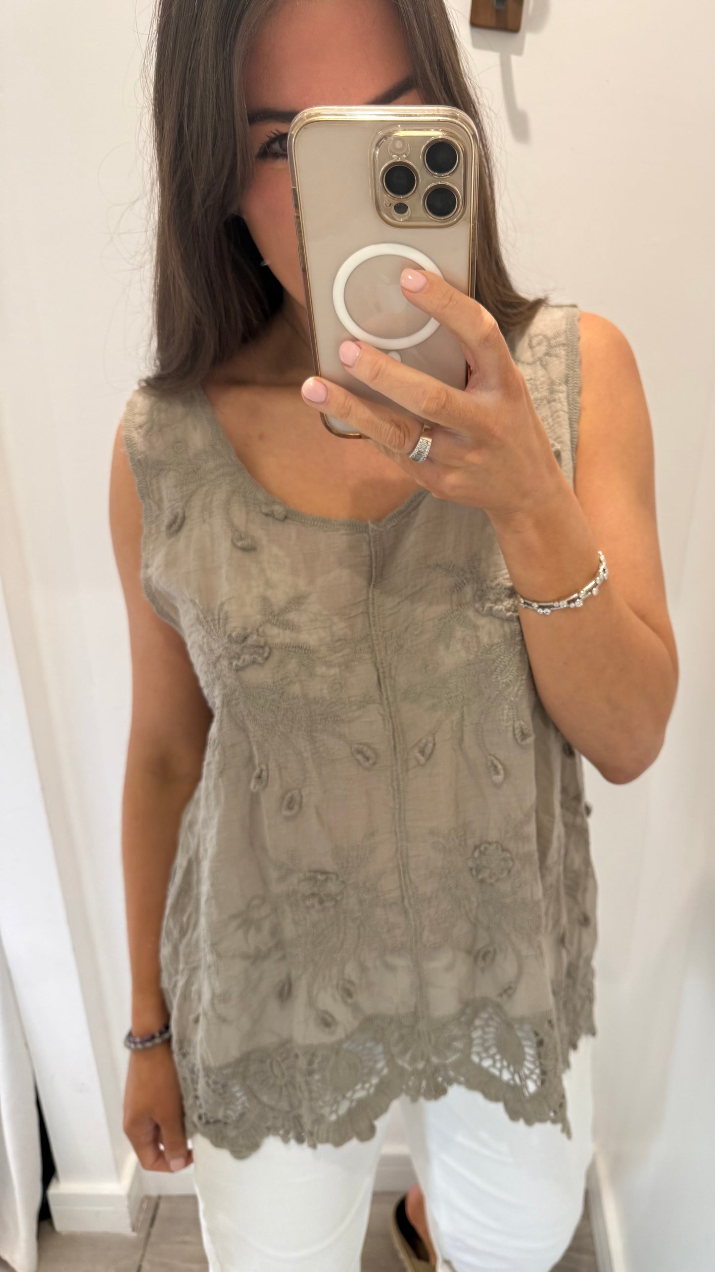 MOCHA CROCHET DETAIL LONG LINE TOP