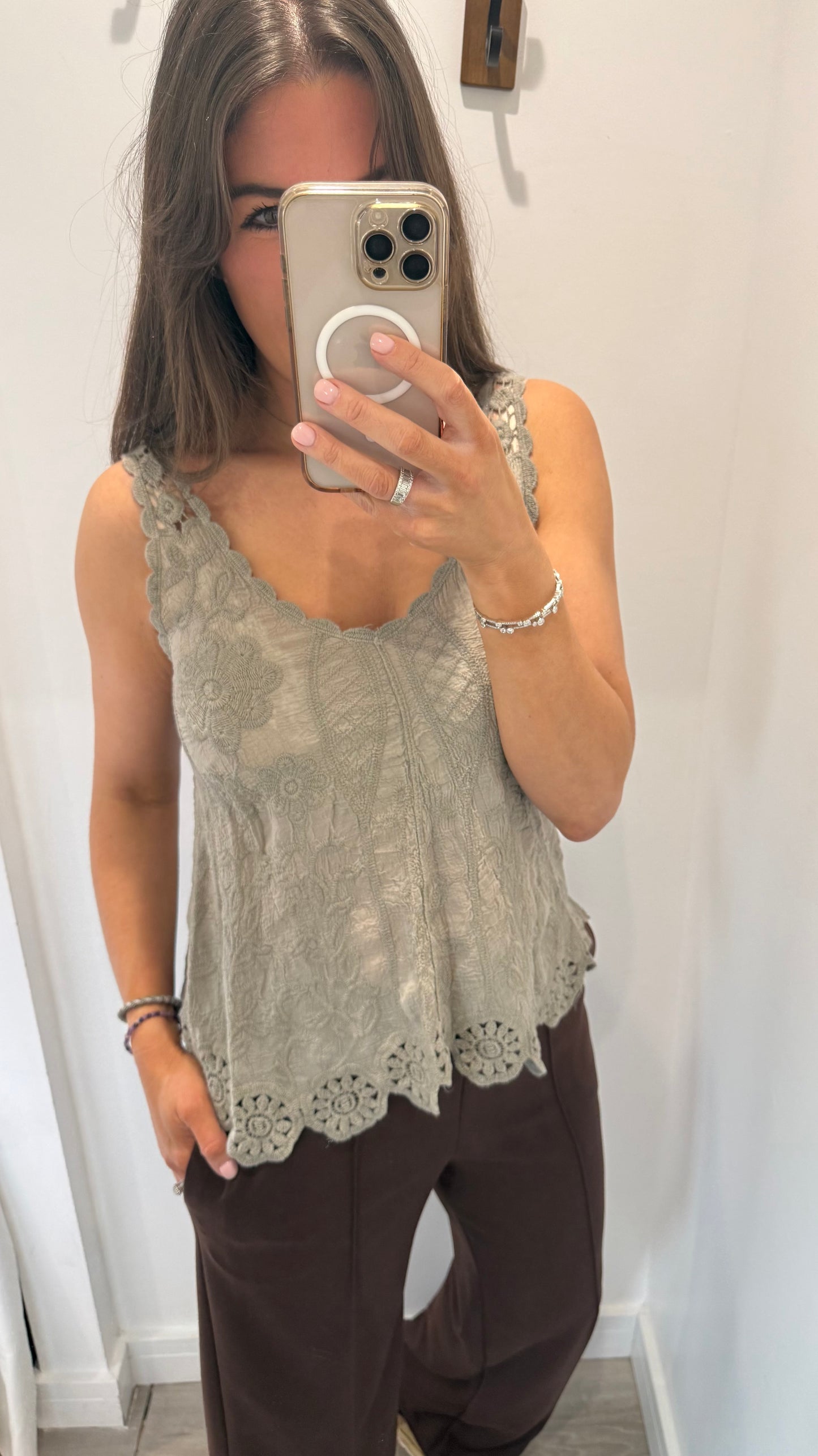 MOCHA CROCHET DETAIL LONG LINE TOP
