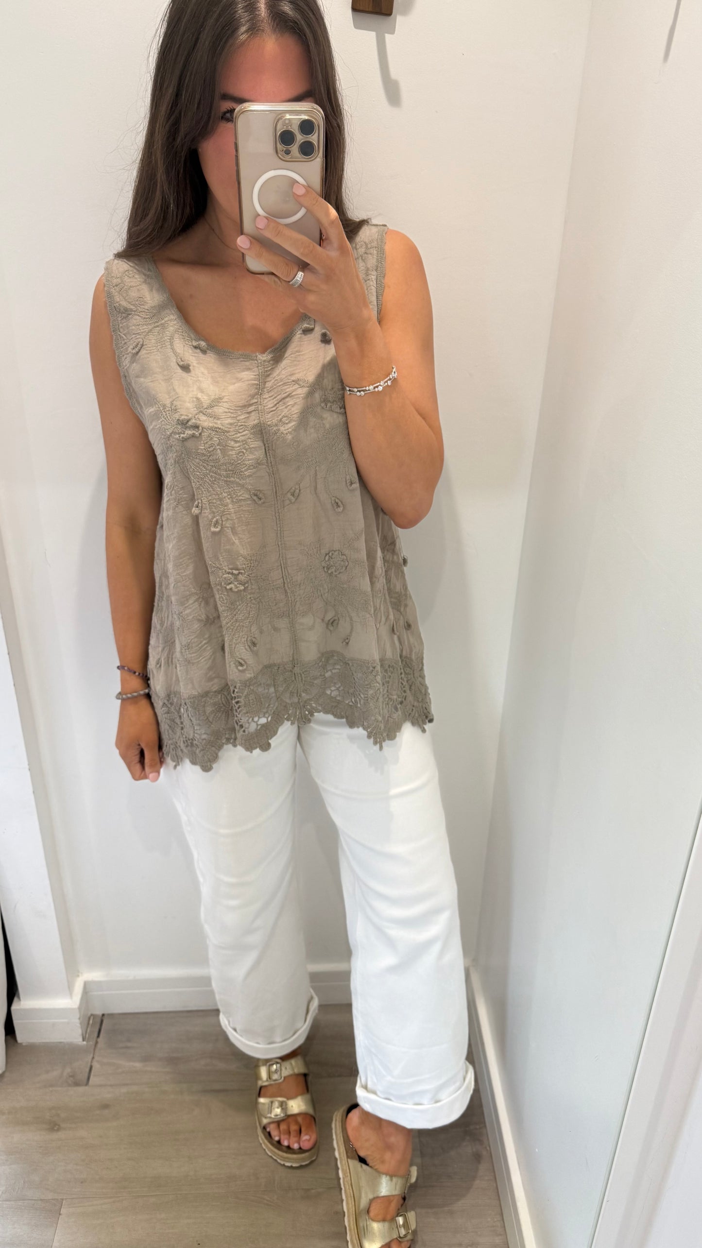 MOCHA CROCHET DETAIL LONG LINE TOP