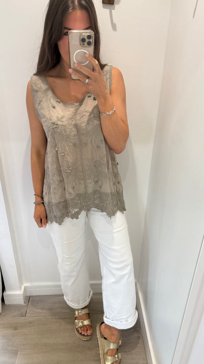 MOCHA CROCHET DETAIL LONG LINE TOP