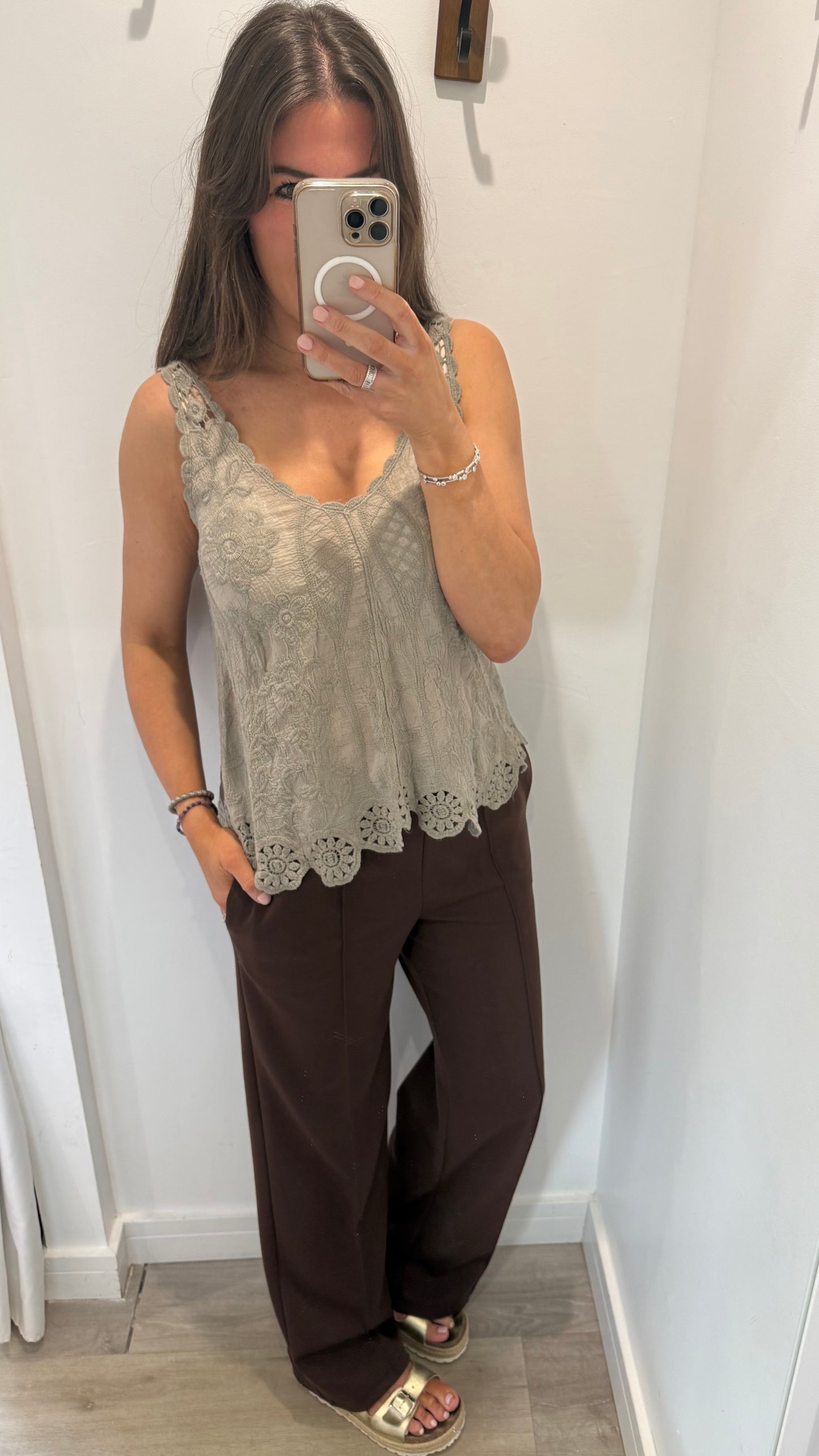 MOCHA CROCHET DETAIL LONG LINE TOP