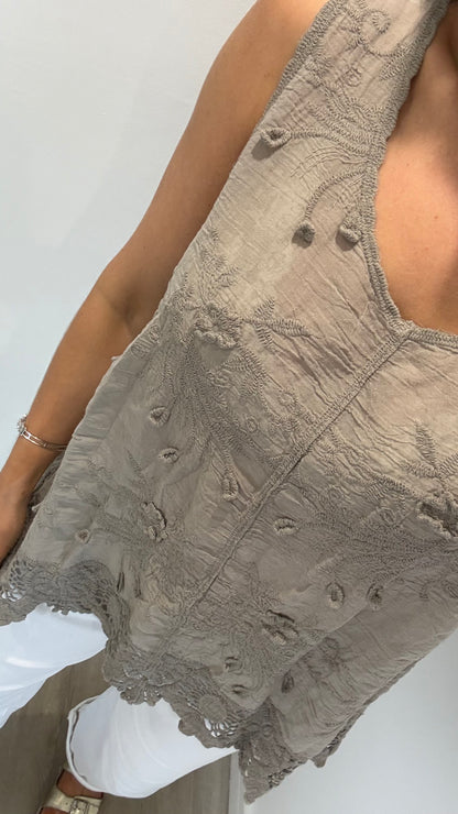 MOCHA CROCHET DETAIL LONG LINE TOP