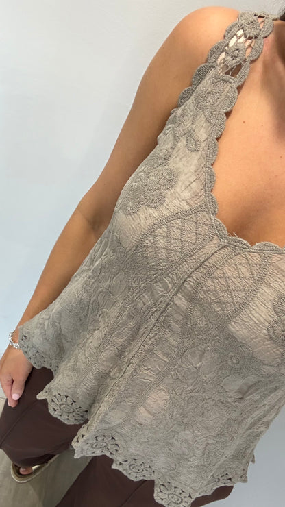 MOCHA CROCHET DETAIL LONG LINE TOP