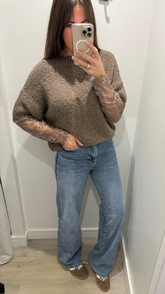 MOCHA KNIT JUMPER WITH LACE SLEEVES
