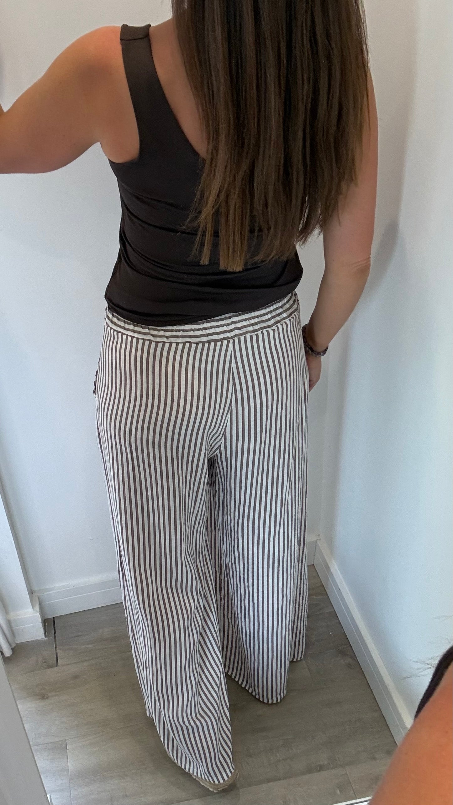 MOCHA & WHITE STRIPE LINEN TROUSERS
