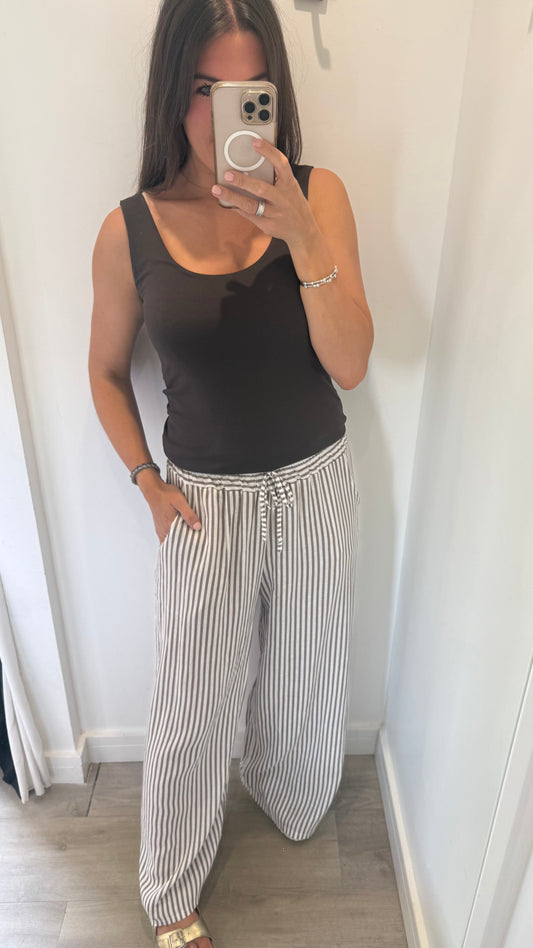 MOCHA & WHITE STRIPE LINEN TROUSERS