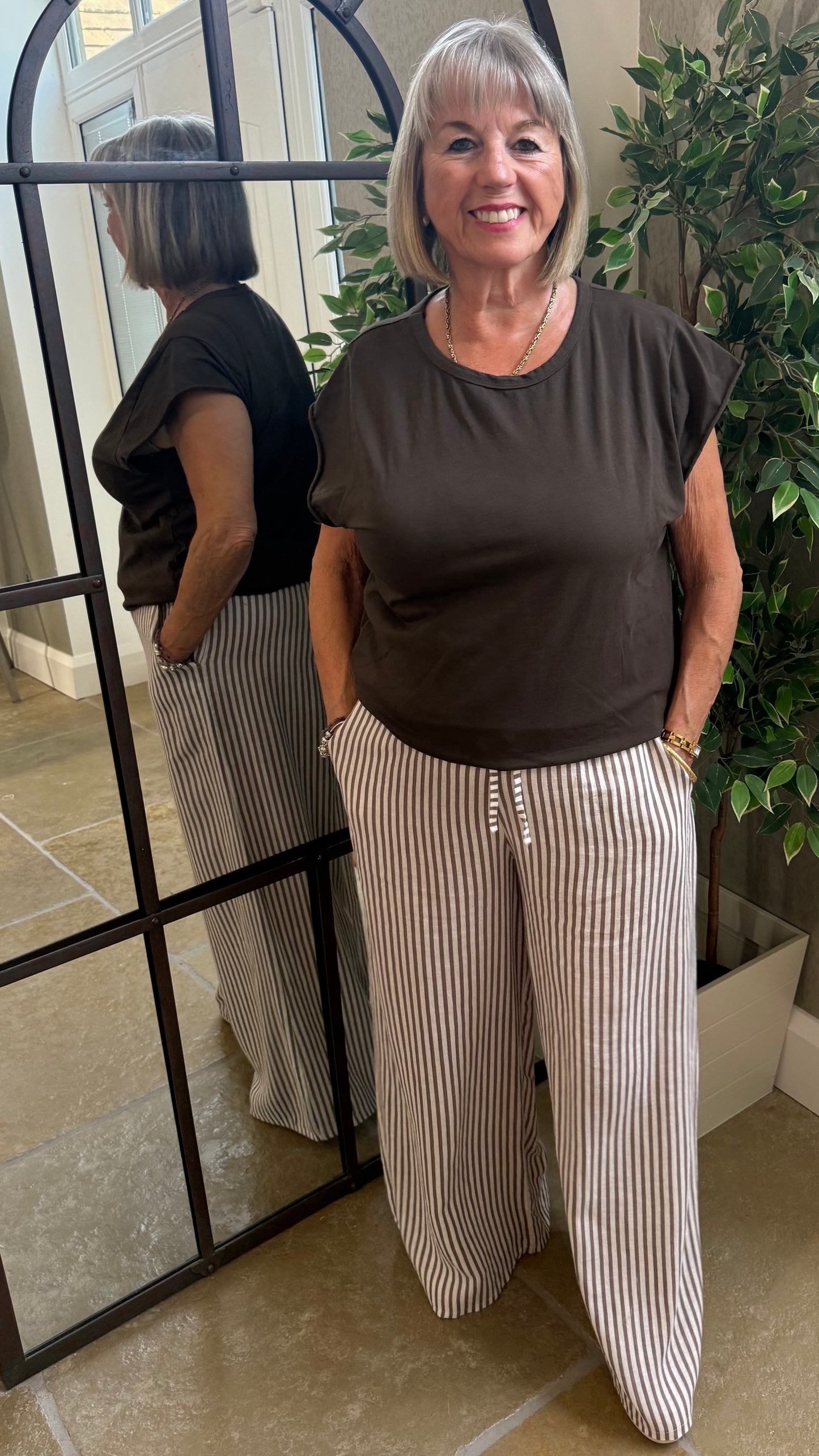 MOCHA & WHITE STRIPE LINEN TROUSERS