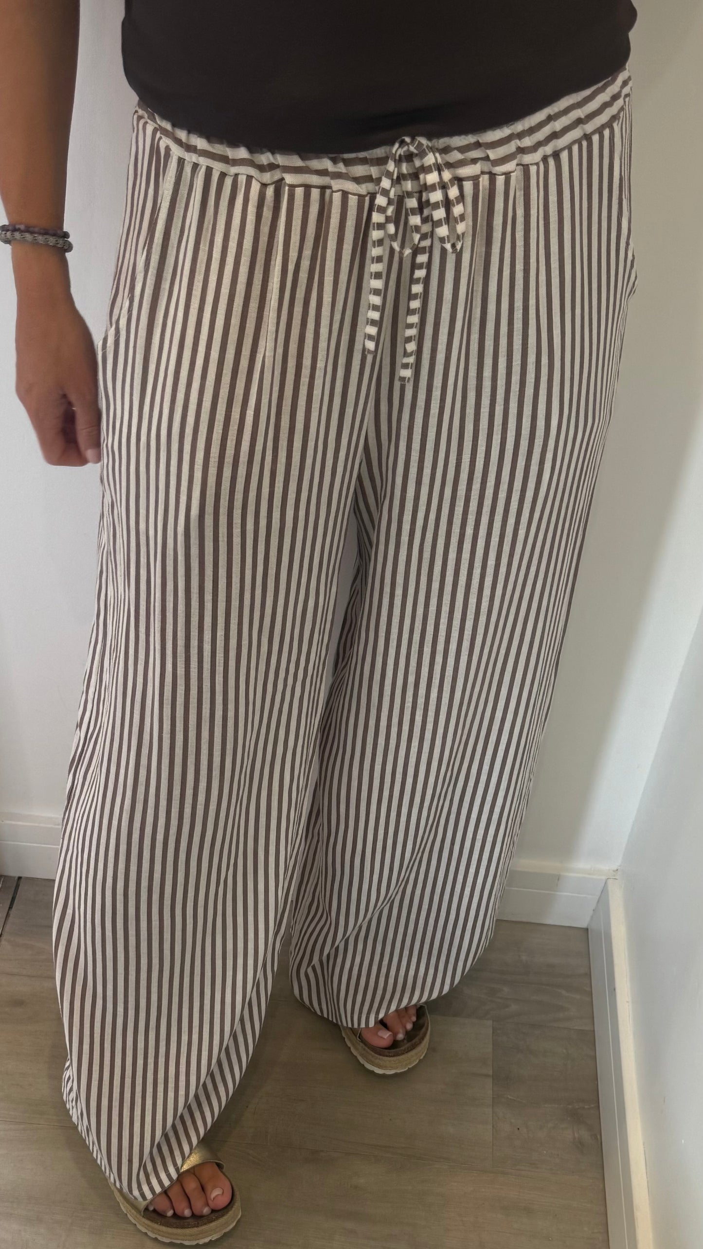 MOCHA & WHITE STRIPE LINEN TROUSERS