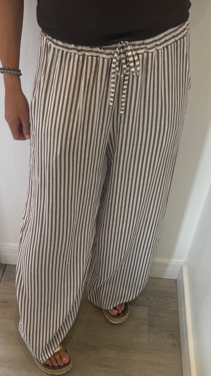 MOCHA & WHITE STRIPE LINEN TROUSERS