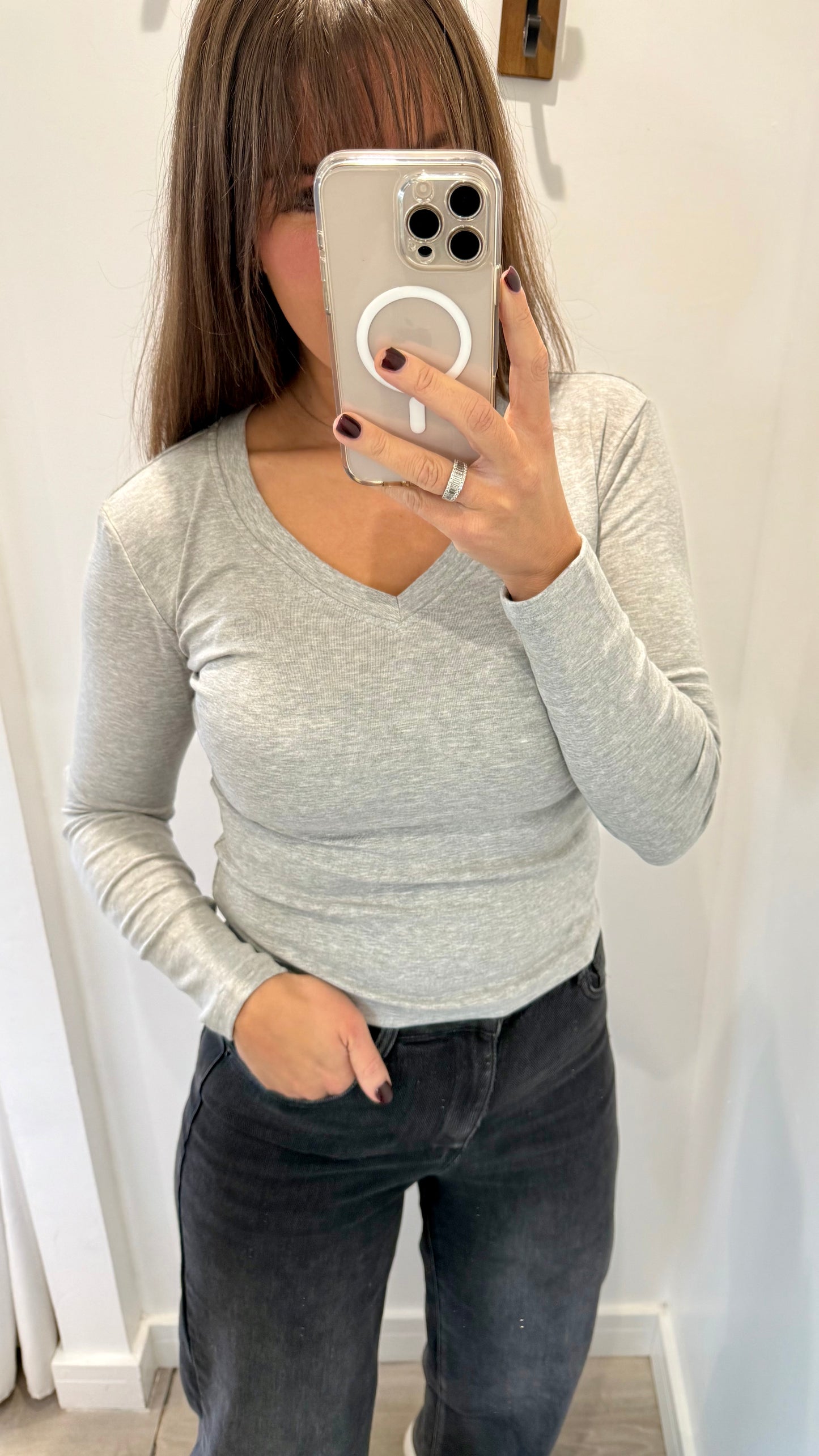 MARL GREY V-NECK STRETCH BASIC TOP