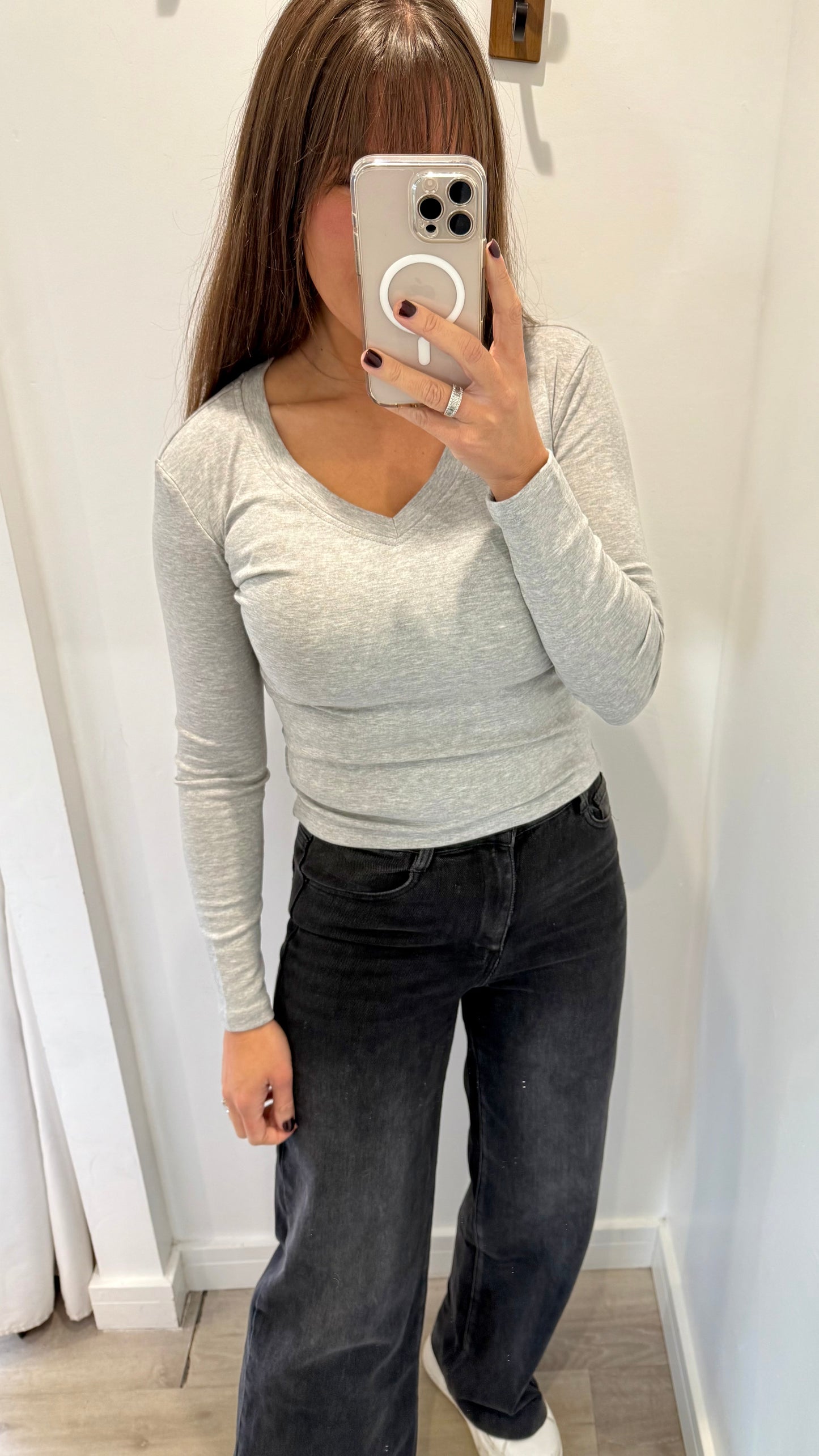 MARL GREY V-NECK STRETCH BASIC TOP