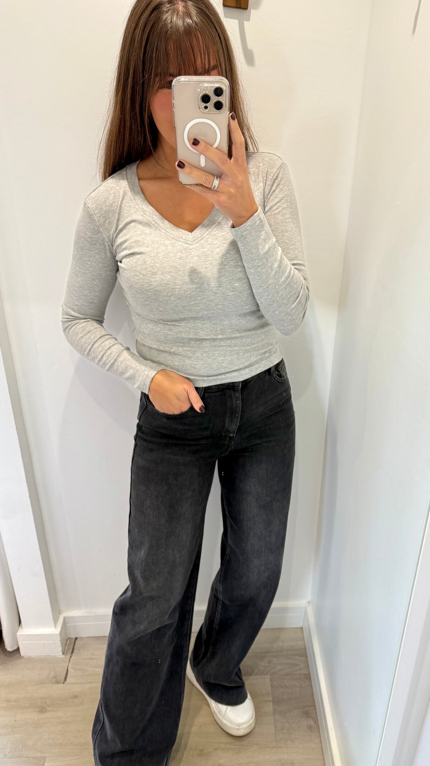 MARL GREY V-NECK STRETCH BASIC TOP