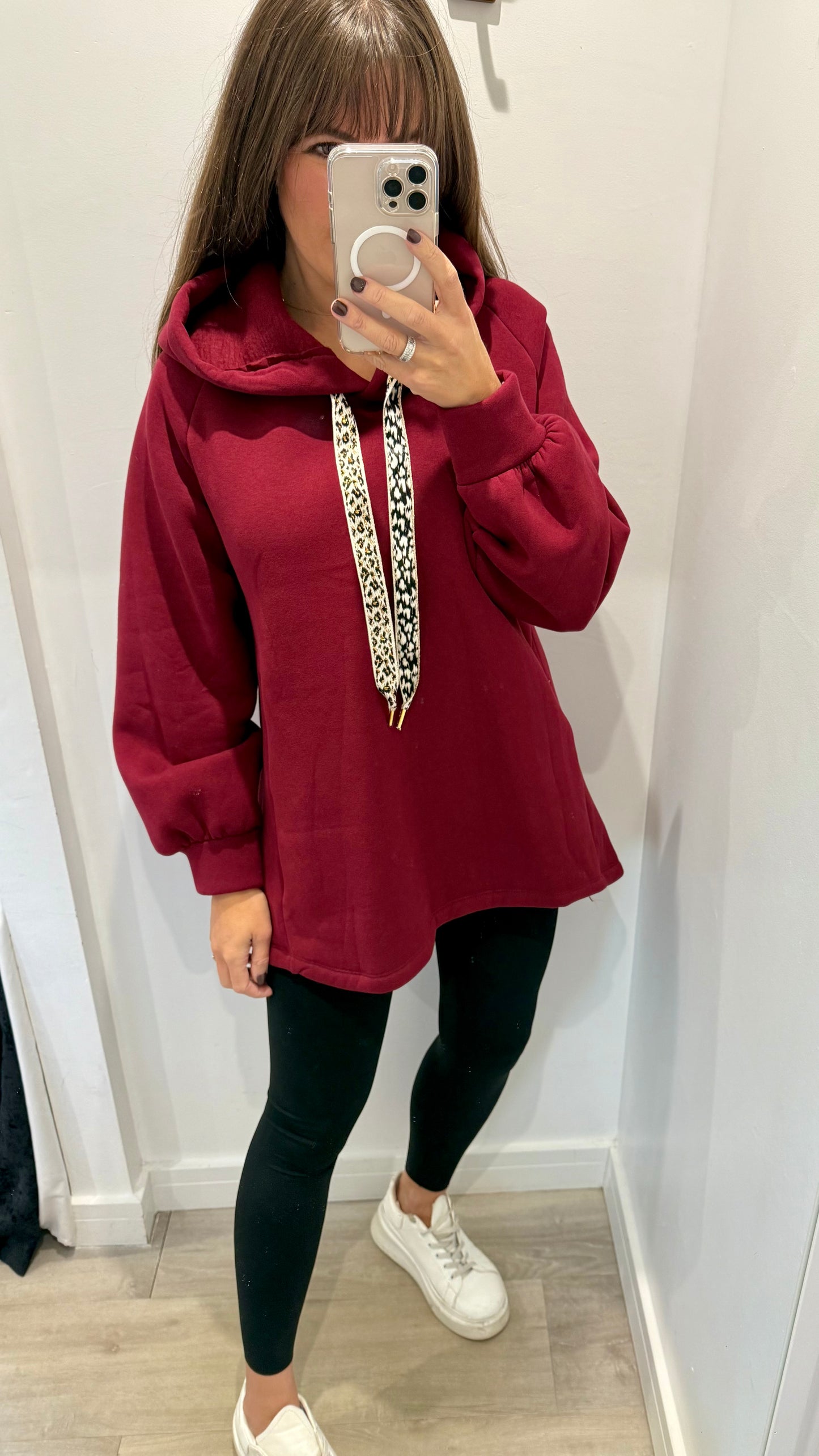 MERLOT LEOPARD DRAWSTRING HOODIE