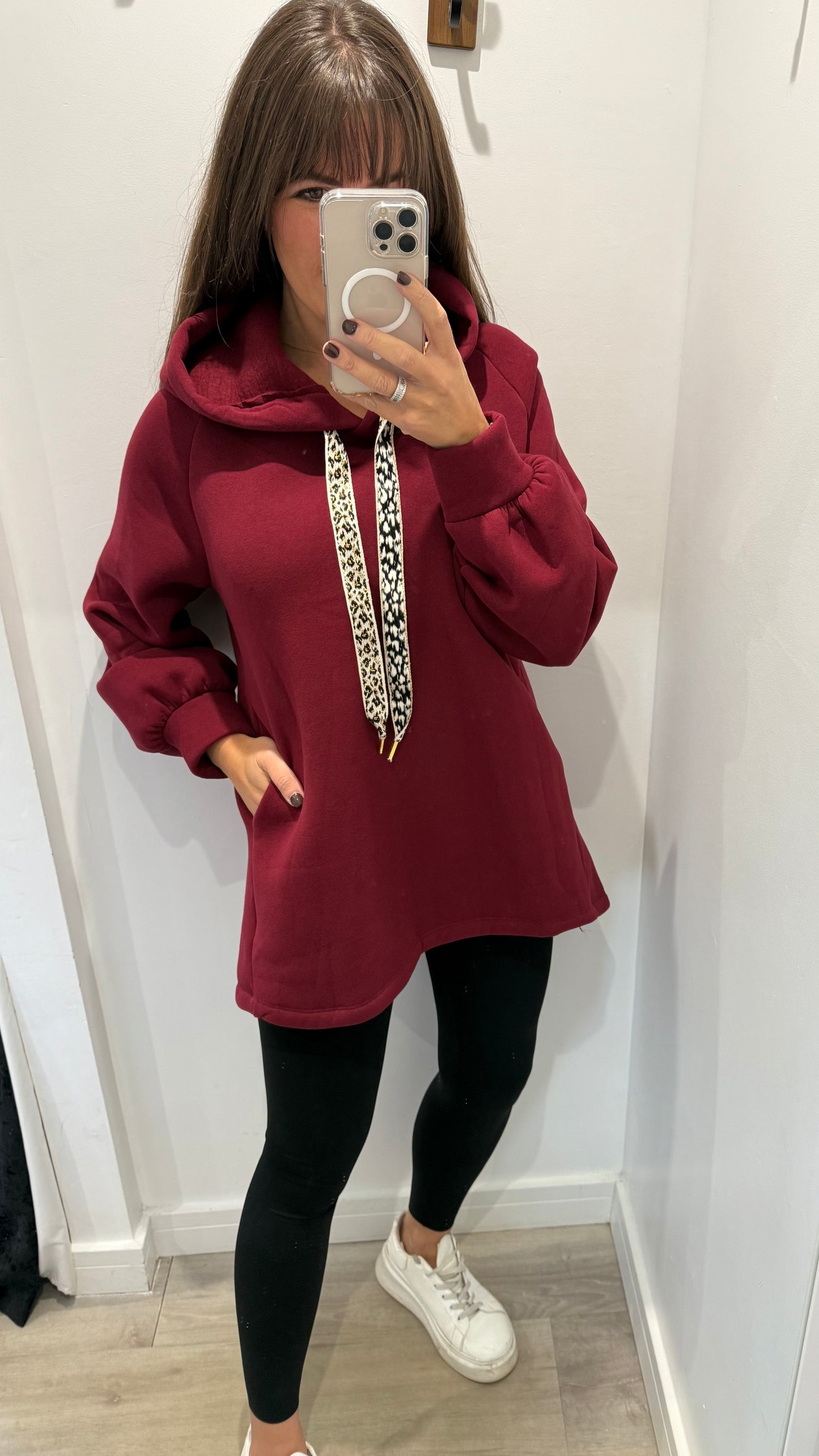MERLOT LEOPARD DRAWSTRING HOODIE